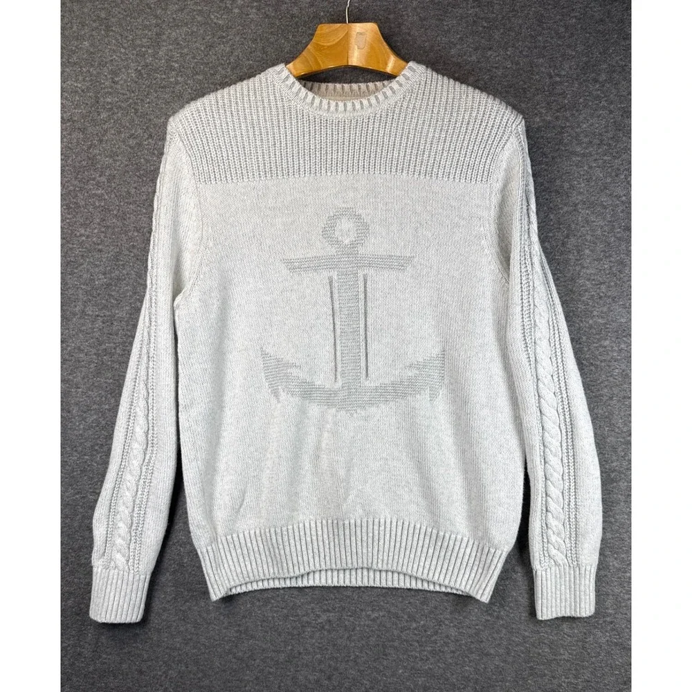 Nautica Anchor Cable Knit Preppy Sweater‎ Crew Neck Long Sleeve Gray Mens Size L
